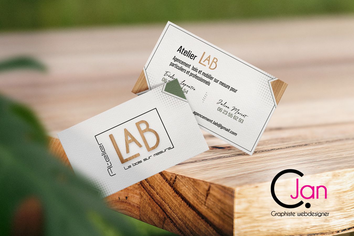 Clean minimal business card mockup floating on top wooden table